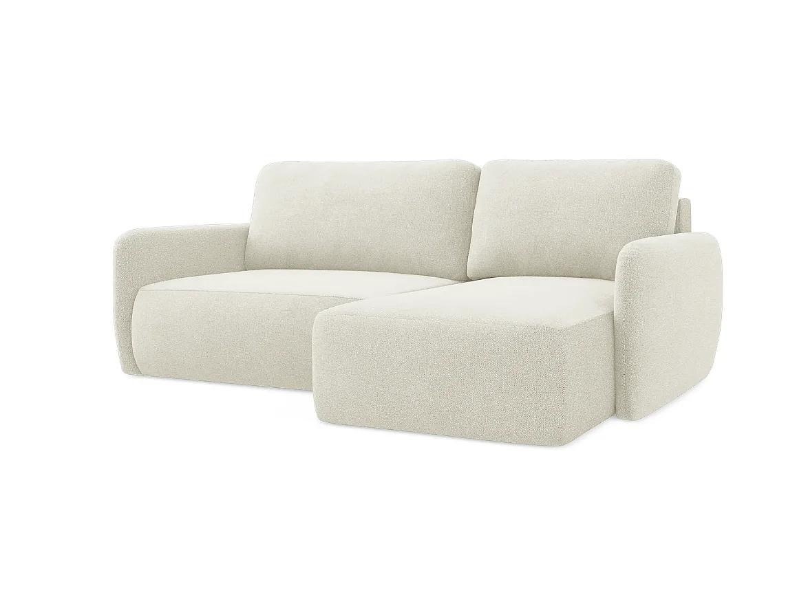 Canapé d’angle convertible DAILY L 4 places, tissu chenille crème, fonction couchage et coffre de rangement, confort doux et luxueux