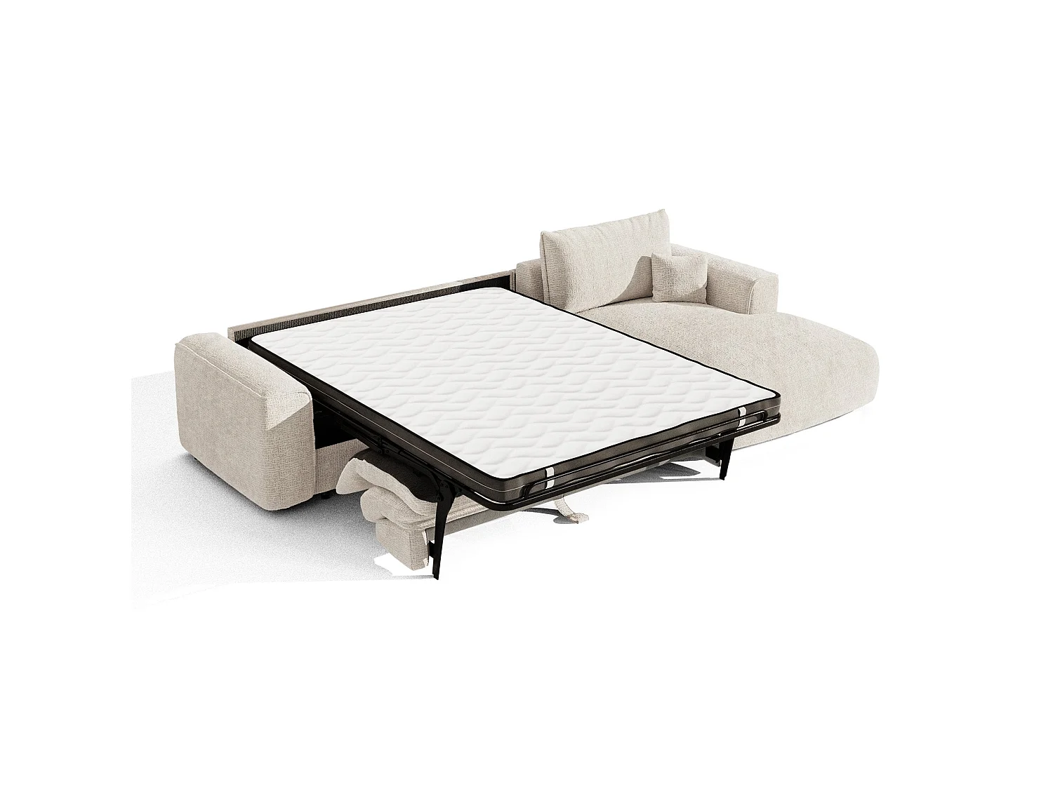 Canapé d'angle droit convertible express COMO 5 places en tissu tramé toucher doux crème