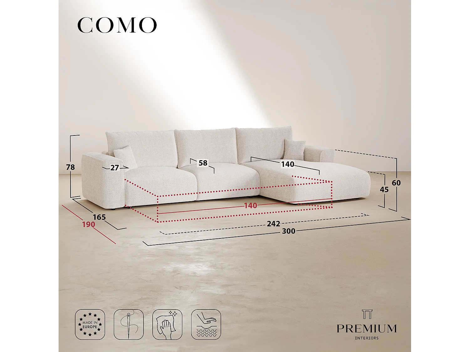 Canapé d'angle droit convertible express COMO 5 places en tissu tramé toucher doux crème