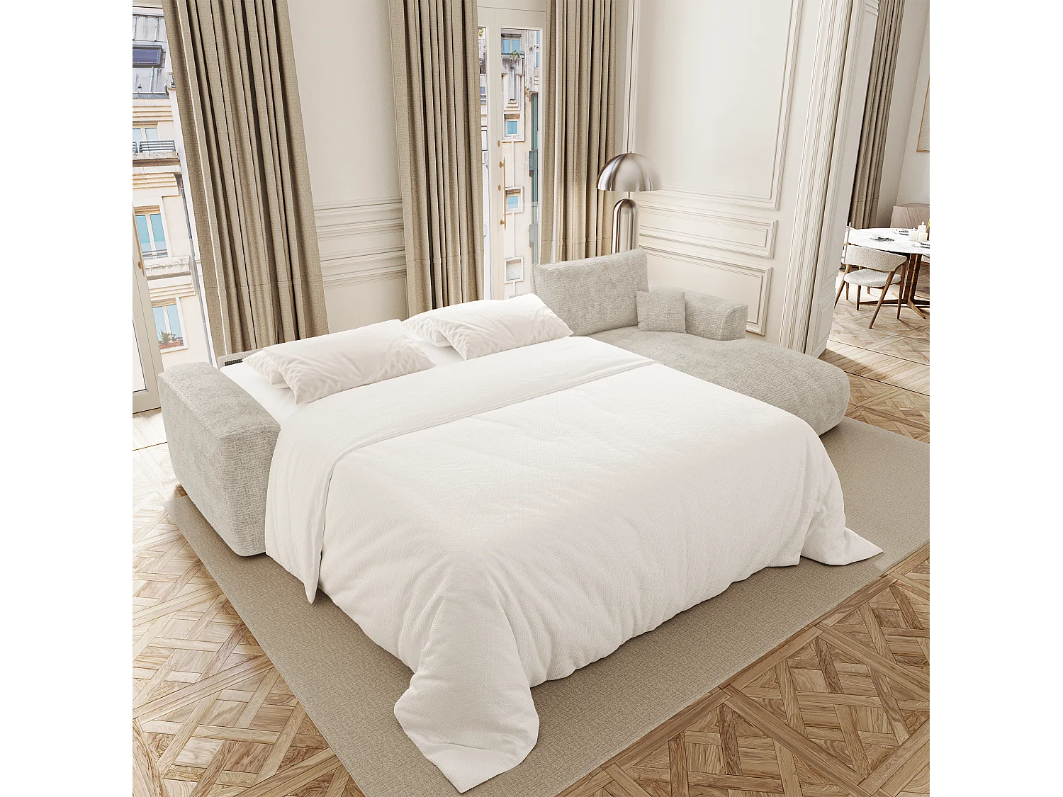 Canapé d'angle droit convertible express COMO 5 places en tissu tramé toucher doux crème