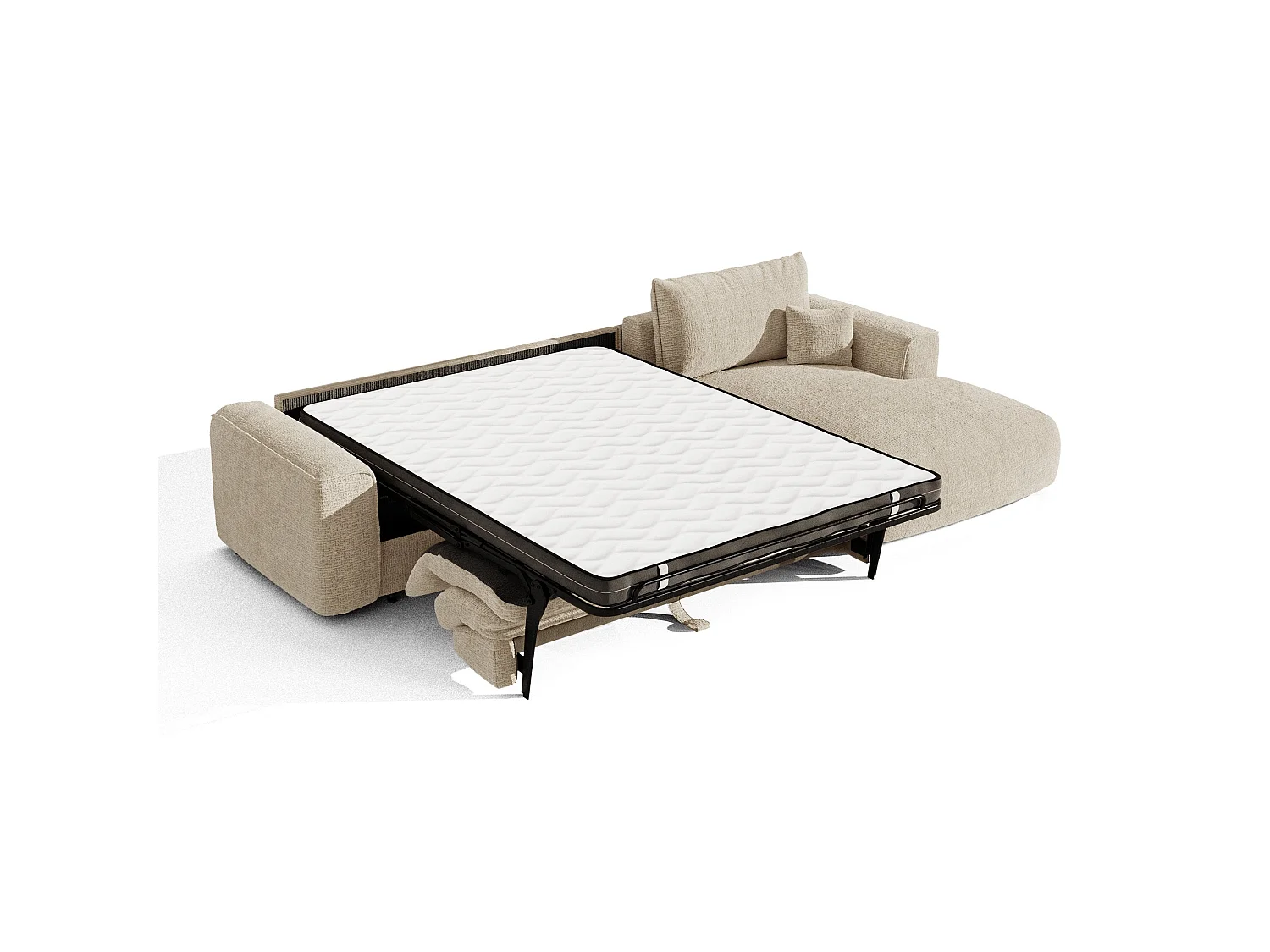 Canapé d'angle droit convertible express COMO 5 places en tissu tramé toucher doux beige