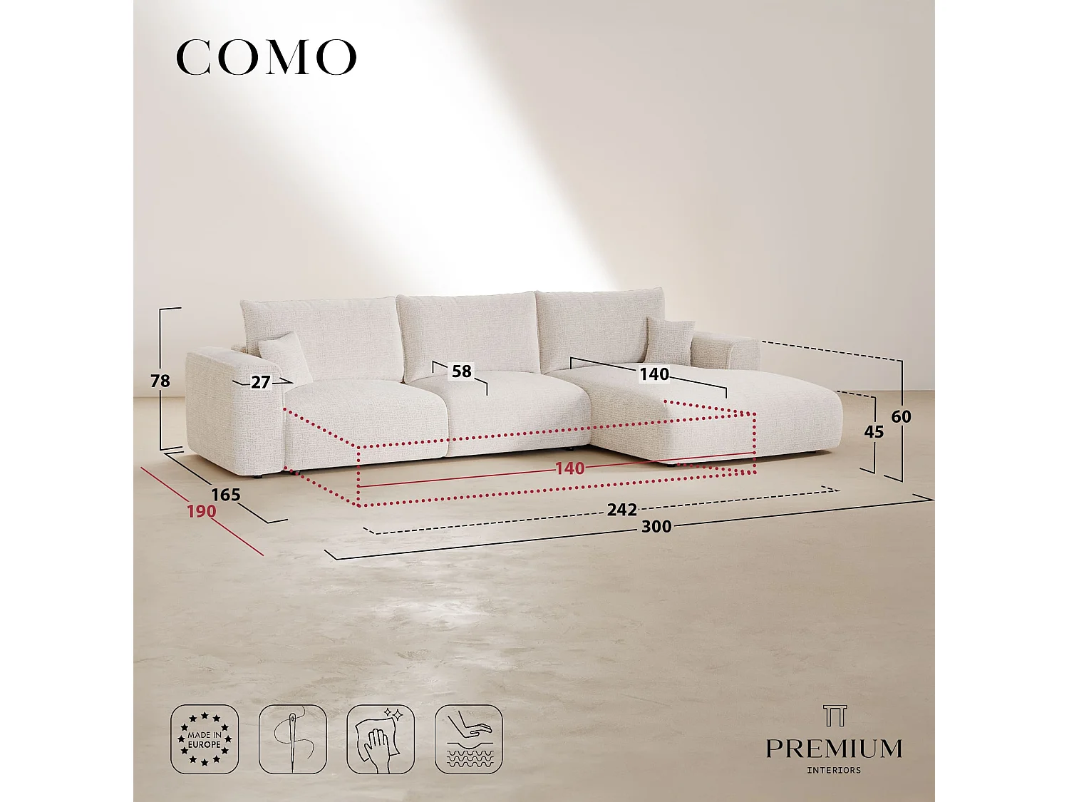 Canapé d'angle droit convertible express COMO 5 places en tissu tramé toucher doux beige