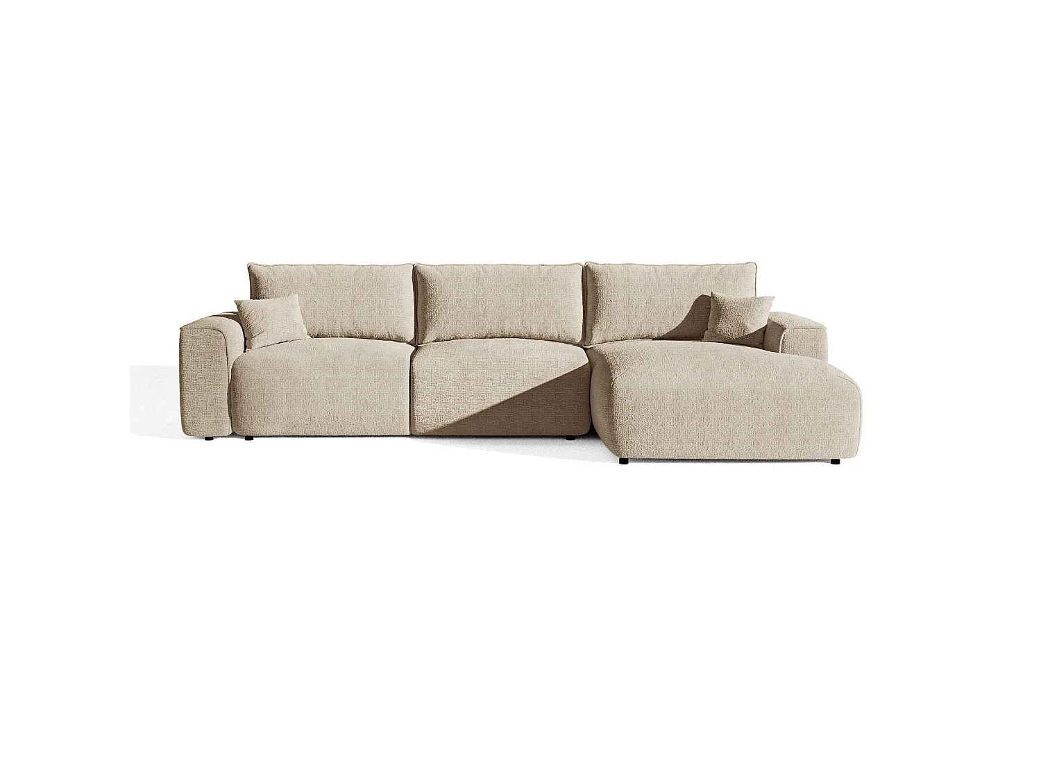 Canapé d'angle droit convertible express COMO 5 places en tissu tramé toucher doux beige