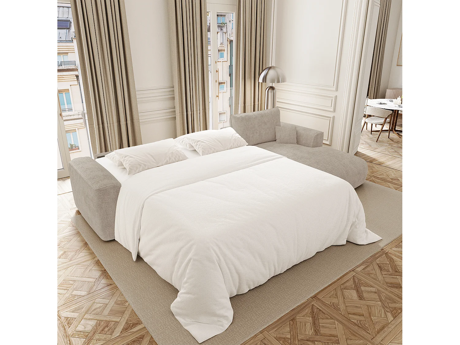 Canapé d'angle droit convertible express COMO 5 places en tissu tramé toucher doux beige