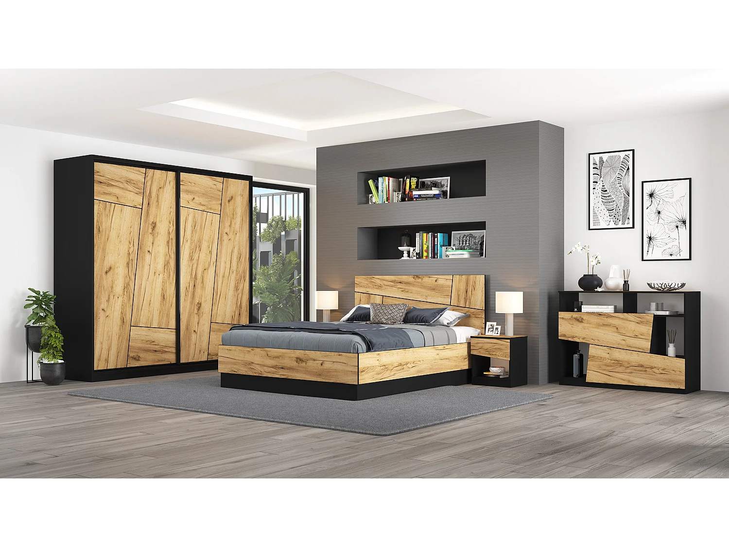 Armadio ante scorrevoli 200x203 cm rovere dorato e nero AG59