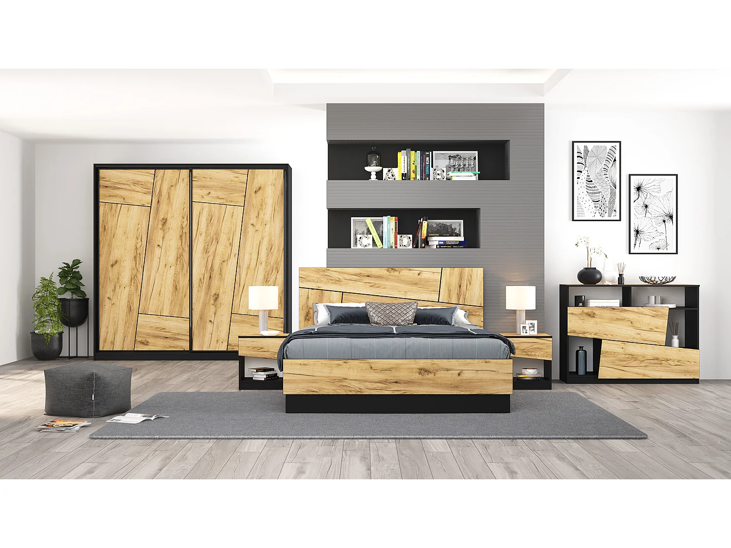 Armadio ante scorrevoli 200x203 cm rovere dorato e nero AG59