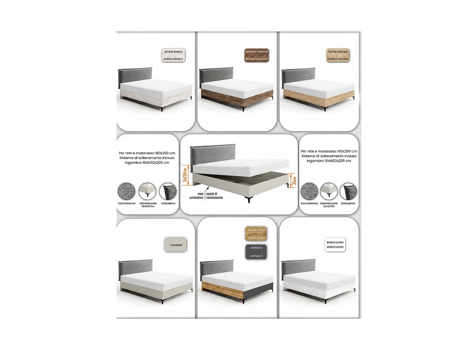 Letto matrimoniale contenitore 160x200 rovere/antracite LG76