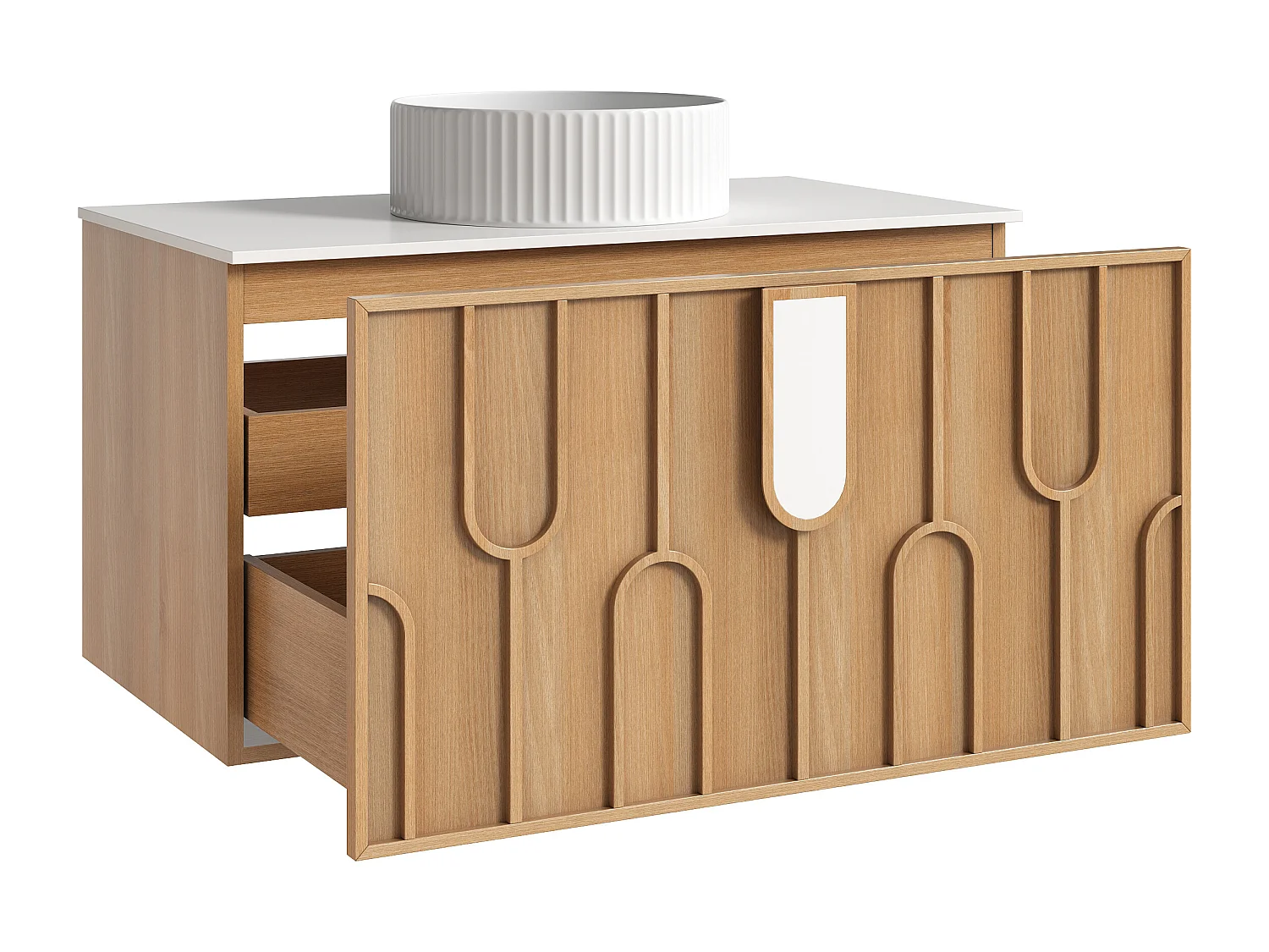 Meuble de salle de bain texturé suspendu avec vasque à poser ronde striée - Naturel clair - L90 cm - MERKAN