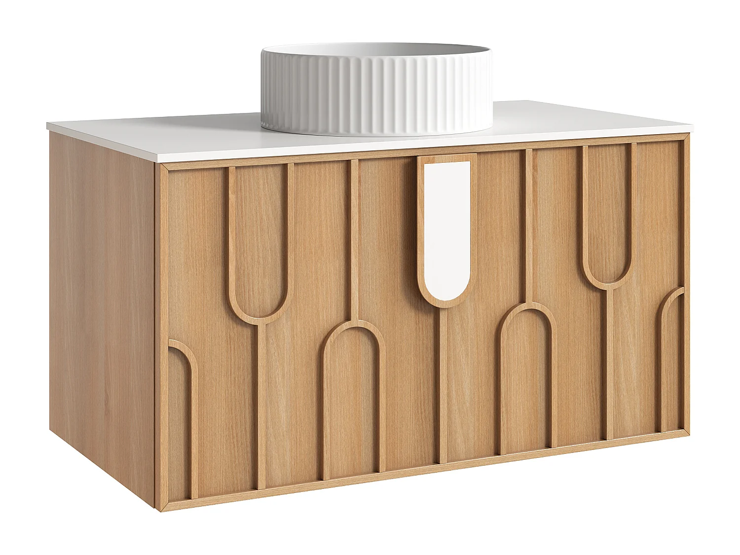 Meuble de salle de bain texturé suspendu avec vasque à poser ronde striée - Naturel clair - L90 cm - MERKAN