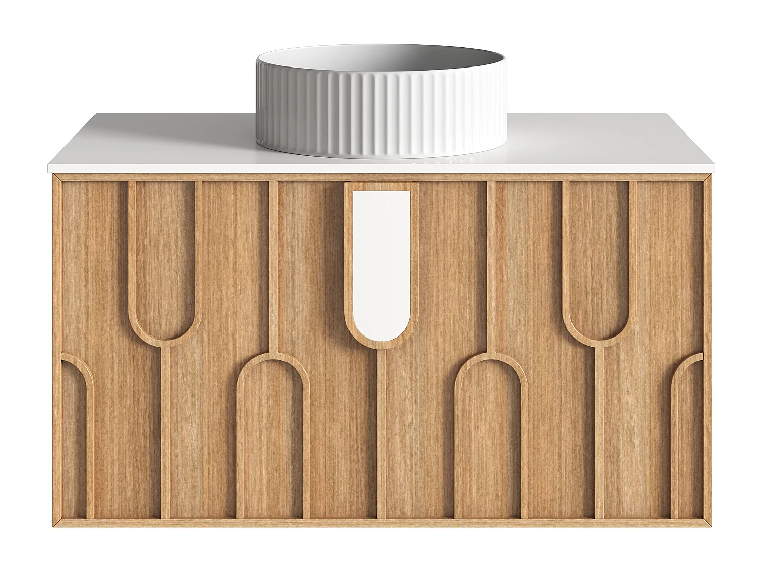 Meuble de salle de bain texturé suspendu avec vasque à poser ronde striée - Naturel clair - L90 cm - MERKAN