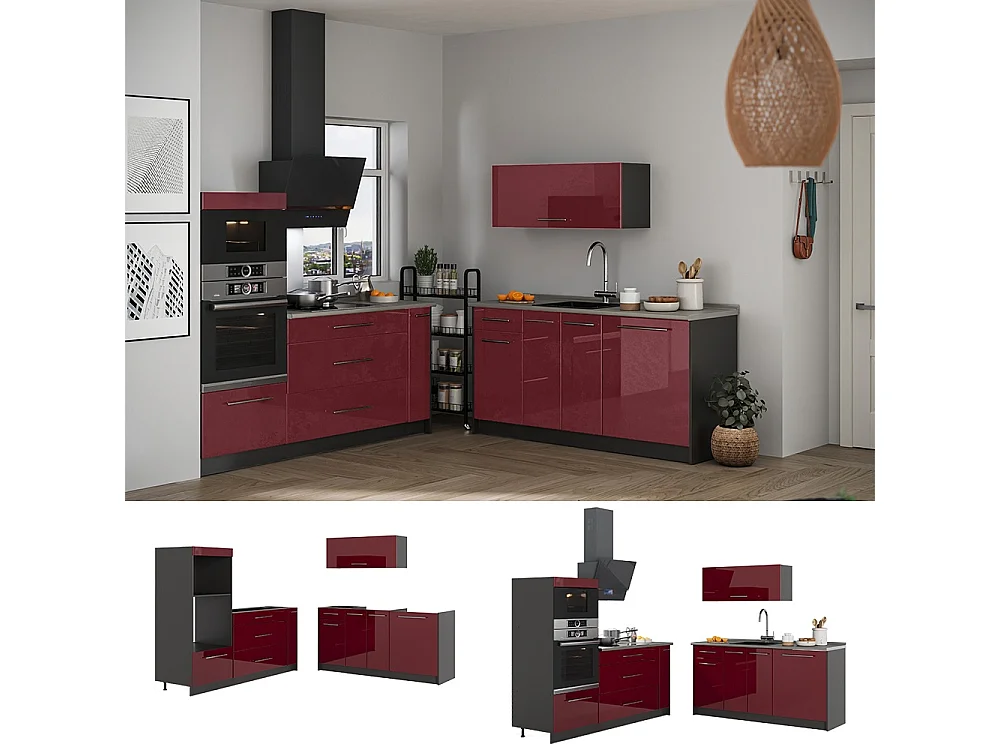 Cocina rojo burdeos alto brillo/antracita 340x51.6x153.6 fame-line