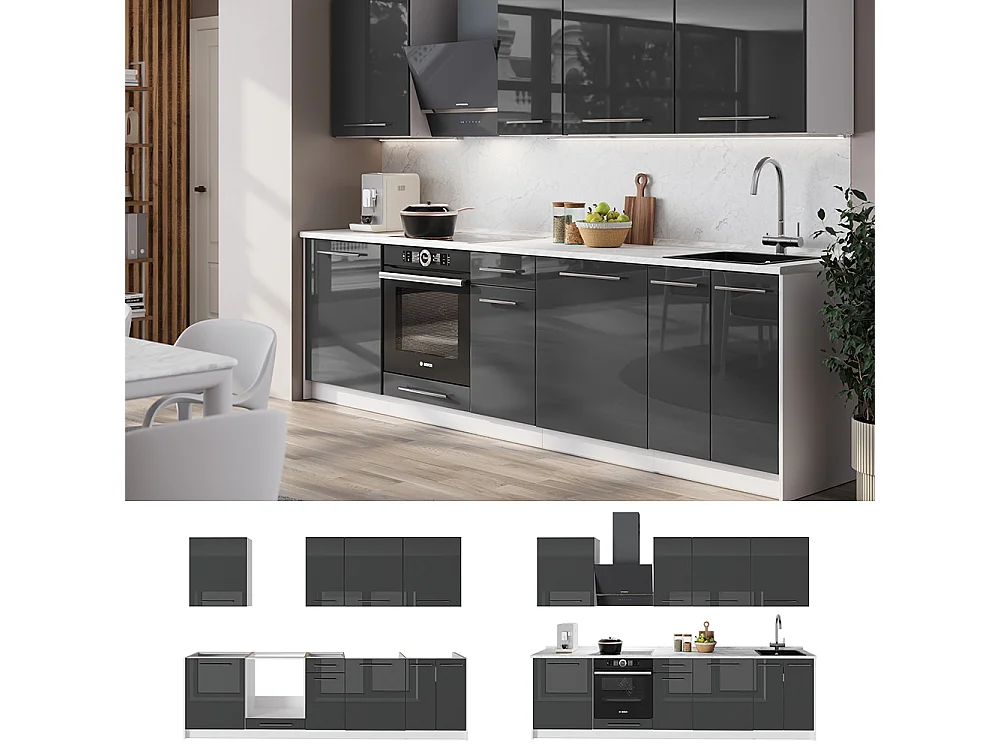 Zabudowa kuchenna antracyt połysk/biały 280x60x82 fame-line