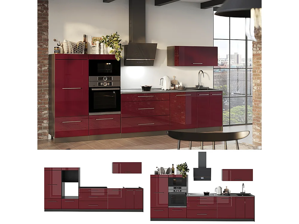 Cuisine rouge bordeaux haute brillance/anthracite 340x51.6x153.6 fame-line