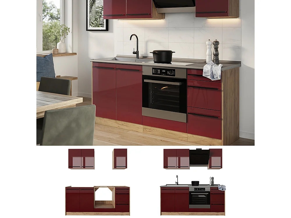 Cocina para solteros rojo de alto brillo/roble dorado 180x60x206.8 r-line