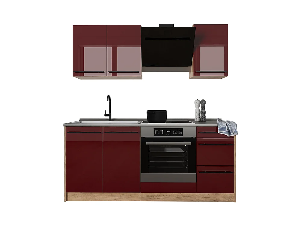 Cocina para solteros rojo de alto brillo/roble dorado 180x60x206.8 r-line