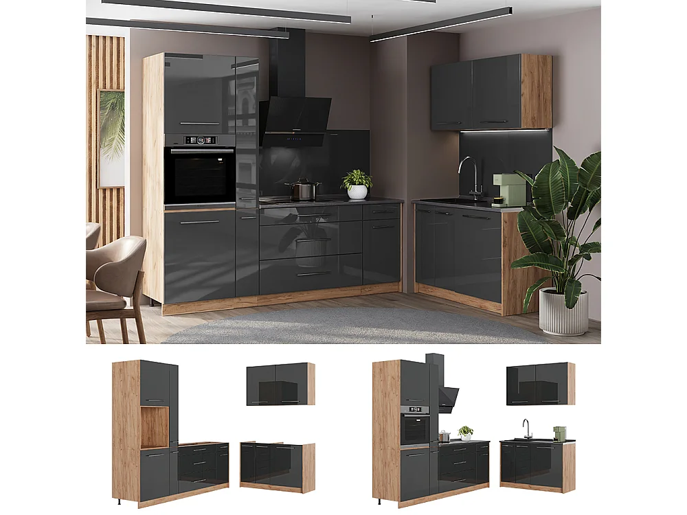 Kuchnia antracyt połysk/dąb goldkraft 220x60x206.8 fame-line
