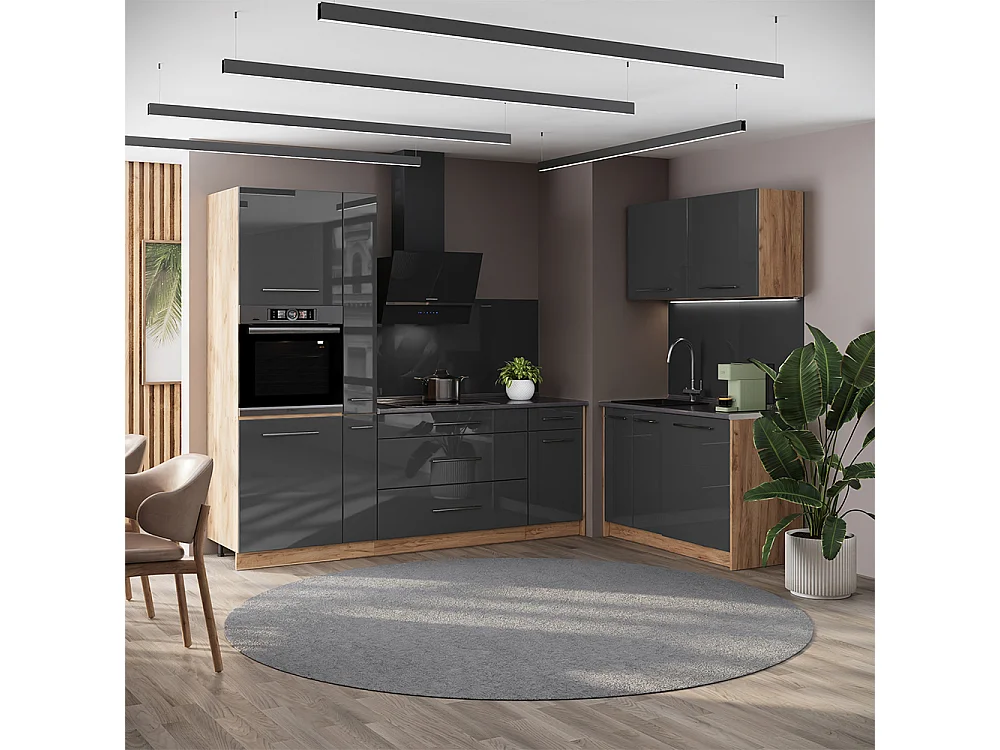 Kuchnia antracyt połysk/dąb goldkraft 220x60x206.8 fame-line