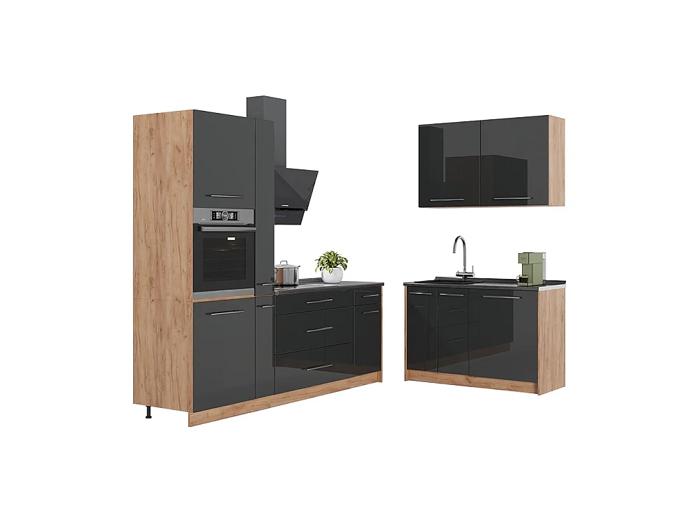 Kuchnia antracyt połysk/dąb goldkraft 220x60x206.8 fame-line