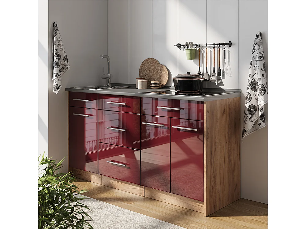 Bloque de cocina rojo burdeos alto brillo 150x60x82 fame-line