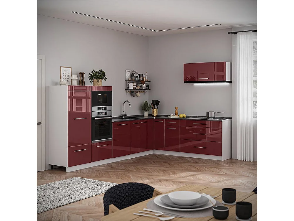 Cocina esquinera rojo burdeos alto brillo/blanco 327x60x153.6 fame-line