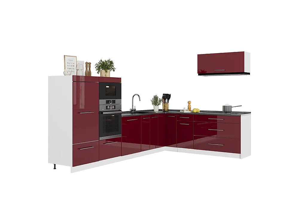 Cocina esquinera rojo burdeos alto brillo/blanco 327x60x153.6 fame-line