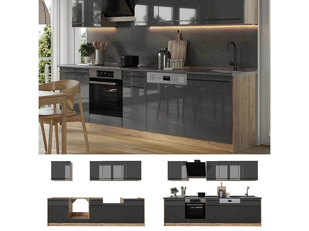 Zabudowa kuchenna antracyt połysk/dąb goldkraft 280x60x206.8 r-line