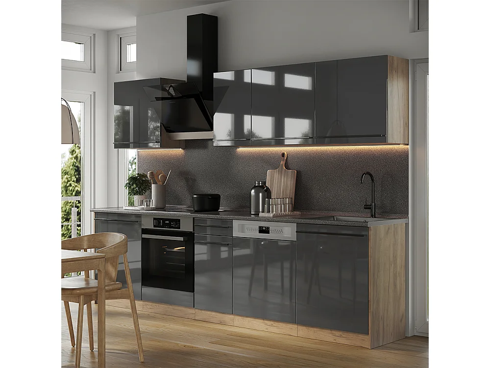 Zabudowa kuchenna antracyt połysk/dąb goldkraft 280x60x206.8 r-line
