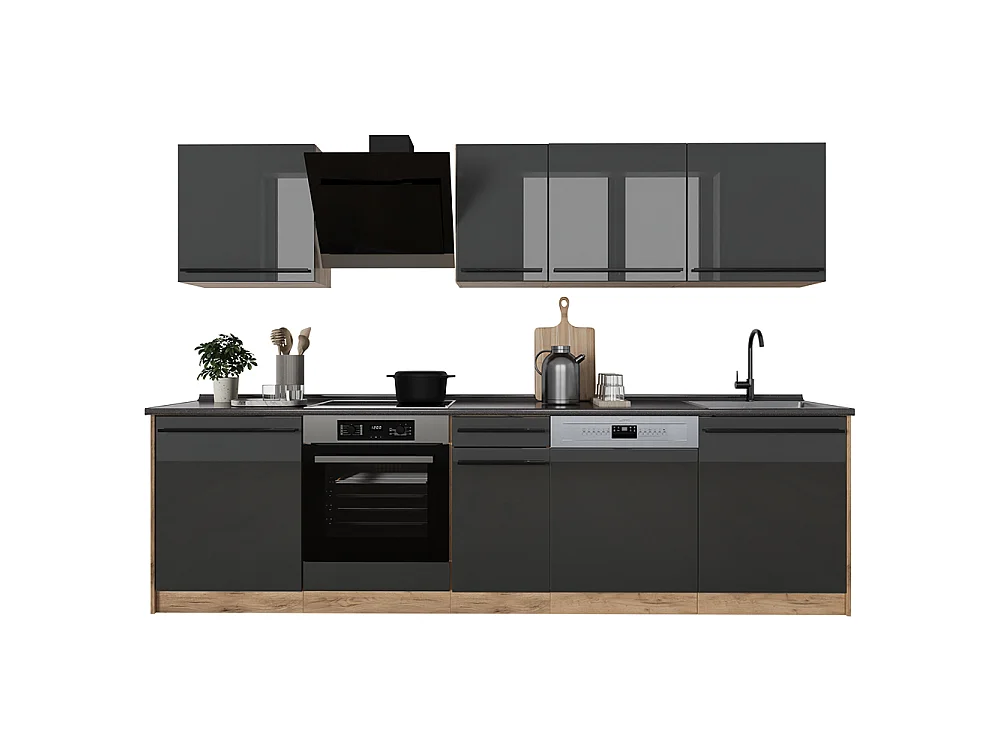 Zabudowa kuchenna antracyt połysk/dąb goldkraft 280x60x206.8 r-line