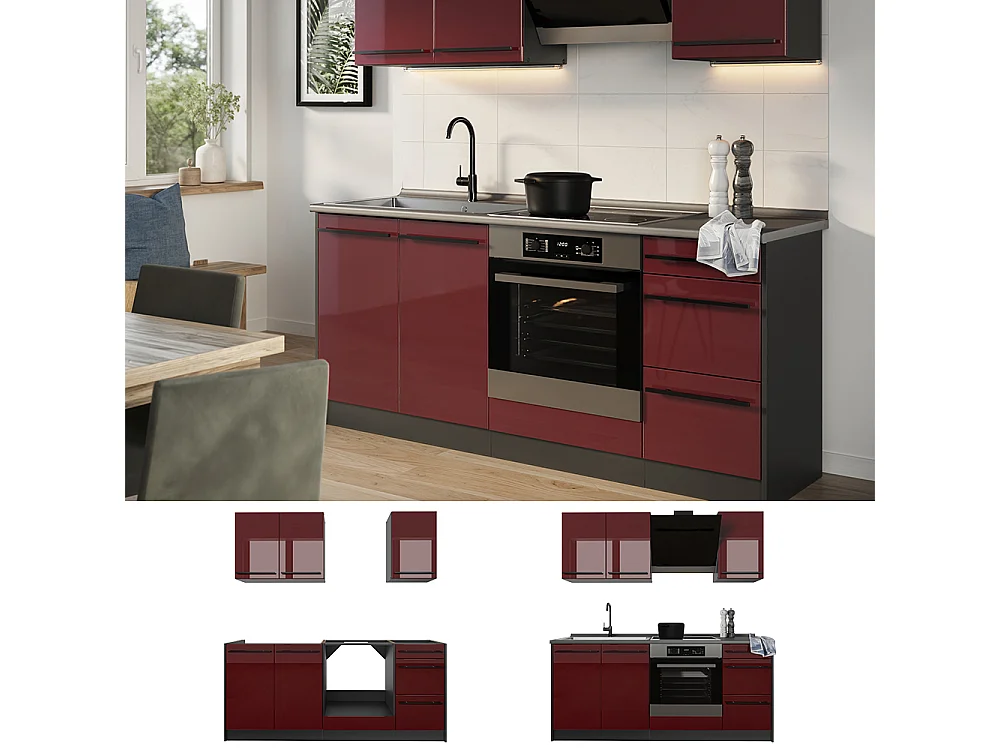 Cocina para solteros rojo de alto brillo/antracita 180x60x206.8 r-line