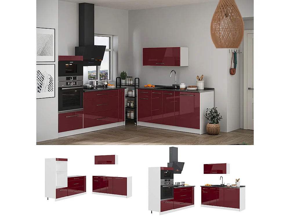 Cocina rojo burdeos alto brillo/blanco 340x60x153.6 fame-line