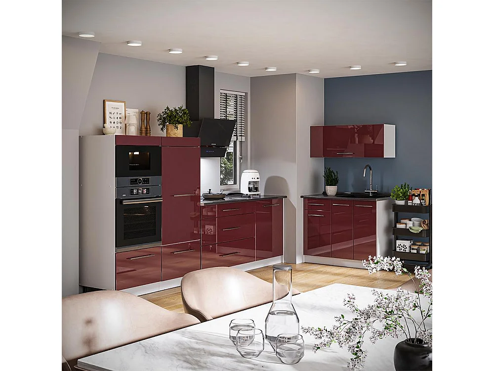 Cocina rojo burdeos alto brillo/blanco 380x60x153.6 fame-line