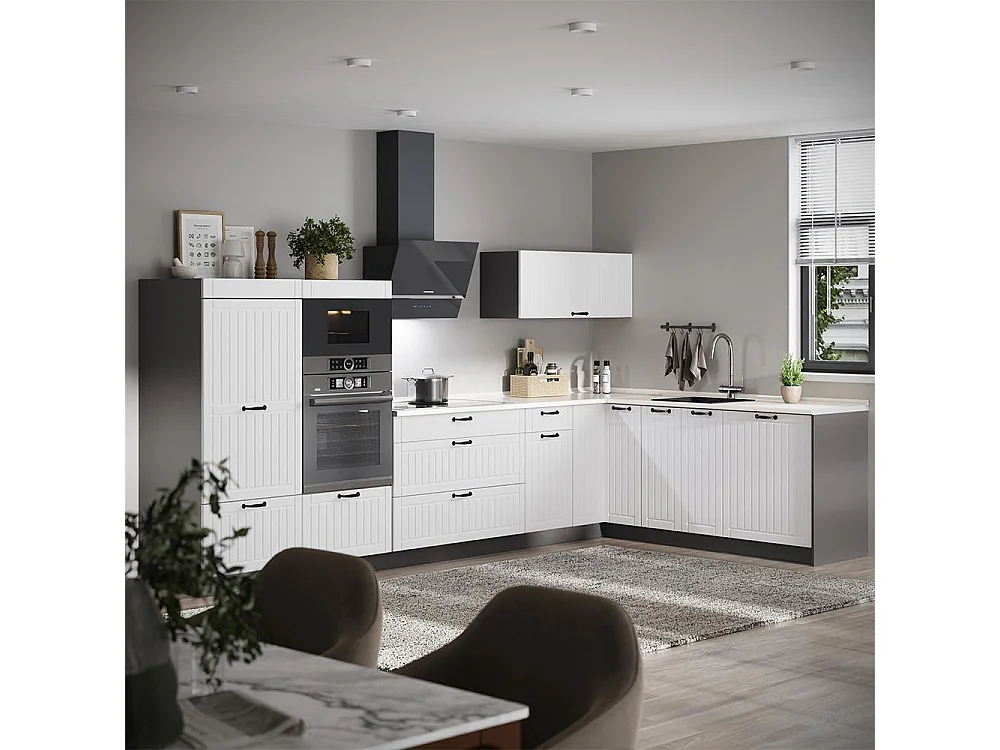 Hörnkök vitt hus på landet/antracit 347x51.6x153.6 fame-line