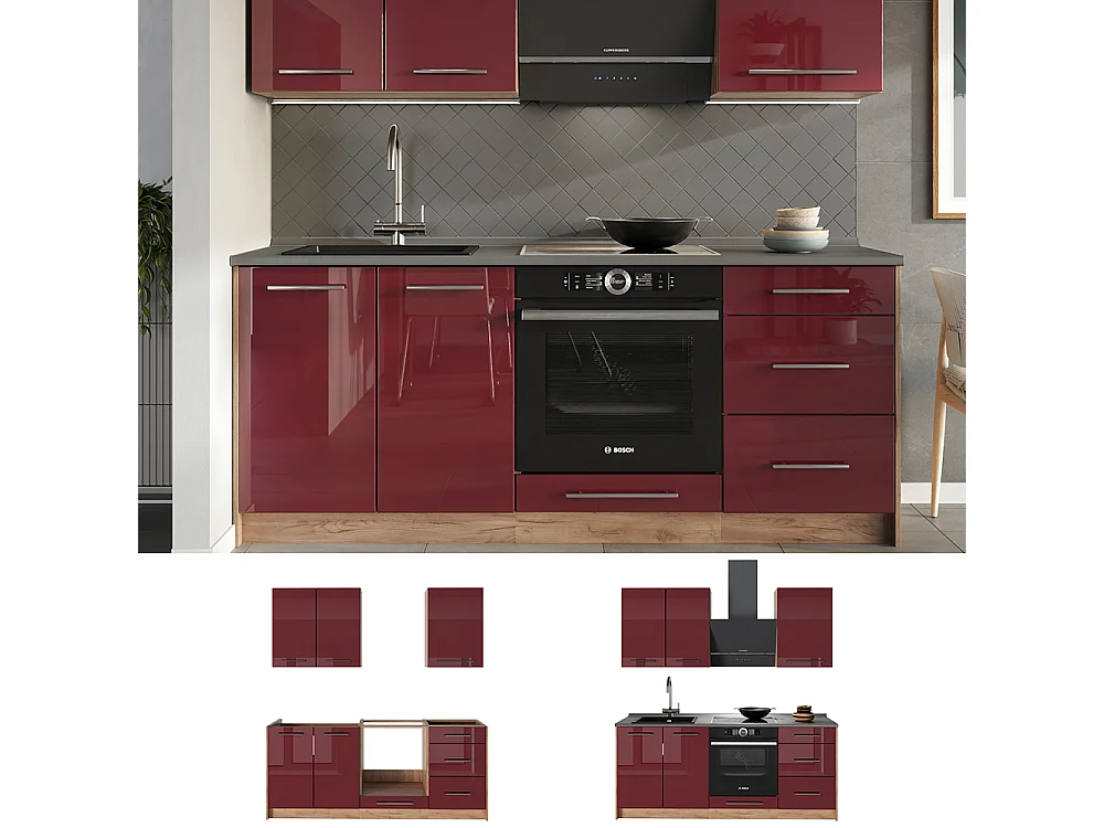 Cocina para solteros rojo burdeos alto brillo/roble dorado 190x60x82 fame-line