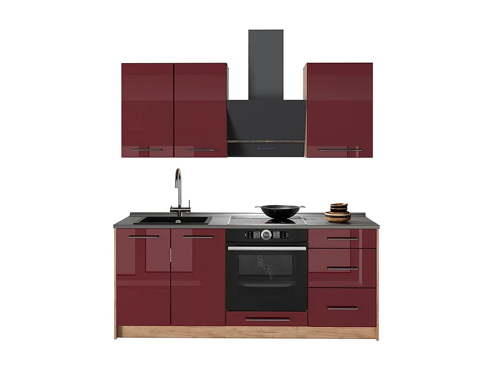 Cocina para solteros rojo burdeos alto brillo/roble dorado 190x60x82 fame-line