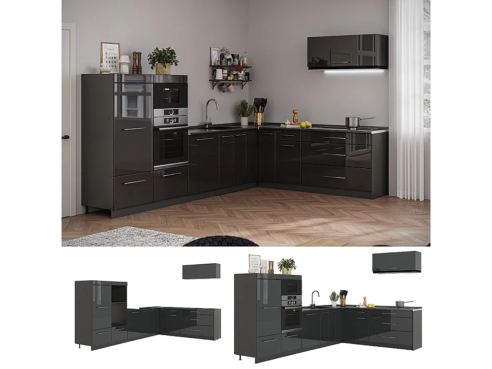 Kuchnia narożna antracyt połysk/antracyt 327x60x153.6 fame-line