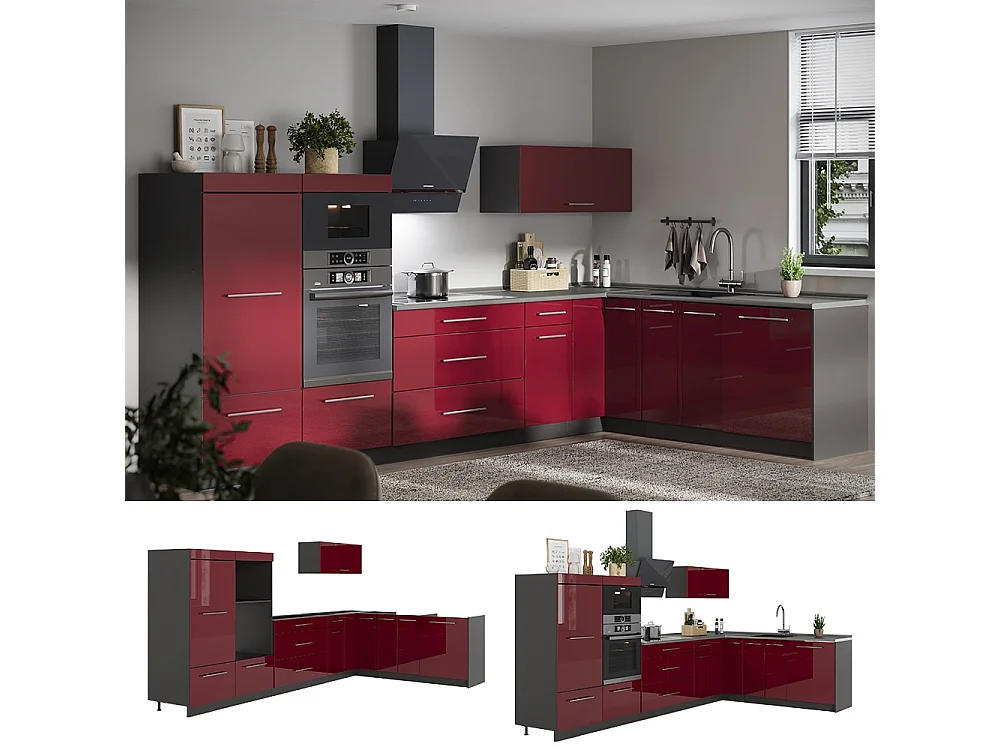 Cocina esquinera rojo burdeos alto brillo/antracita 347x60x153.6 fame-line