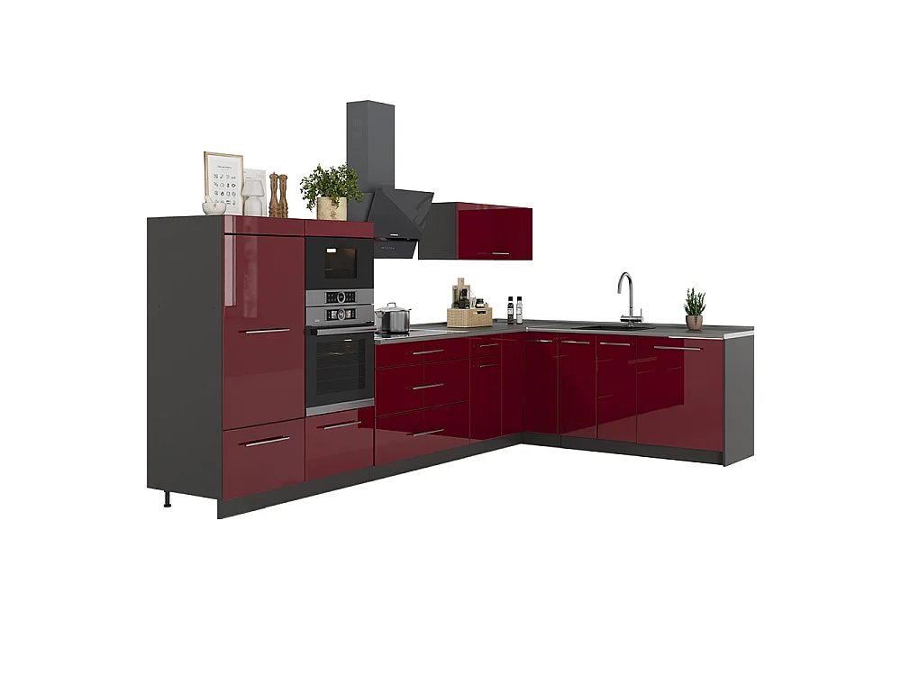 Cocina esquinera rojo burdeos alto brillo/antracita 347x60x153.6 fame-line