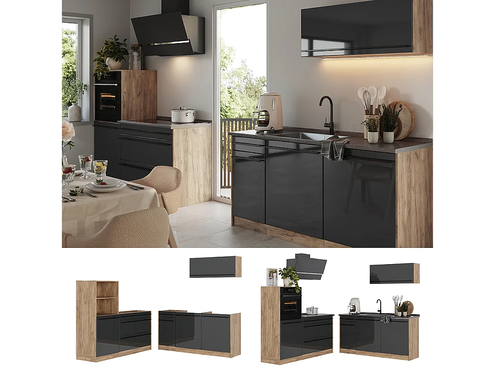 Zabudowa kuchenna antracyt połysk/dąb goldkraft 160x60x143 r-line
