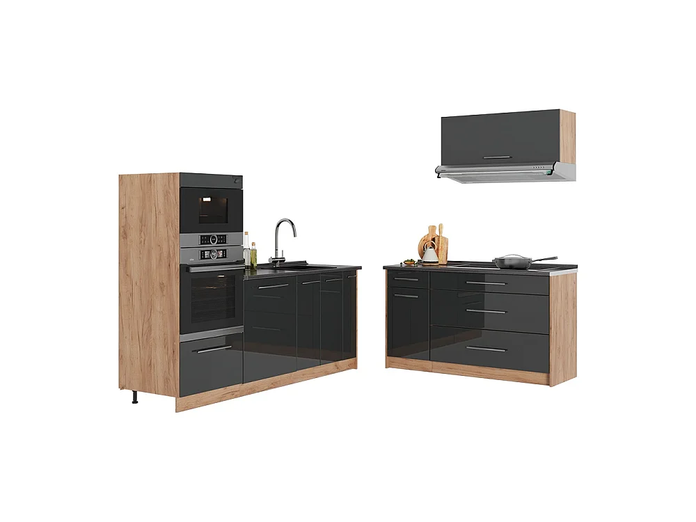 Kuchnia antracyt połysk/dąb goldkraft 340x60x153.6 fame-line