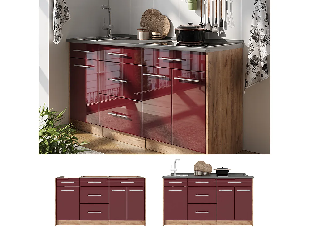 Bloque de cocina rojo burdeos alto brillo 150x51.6x82 fame-line