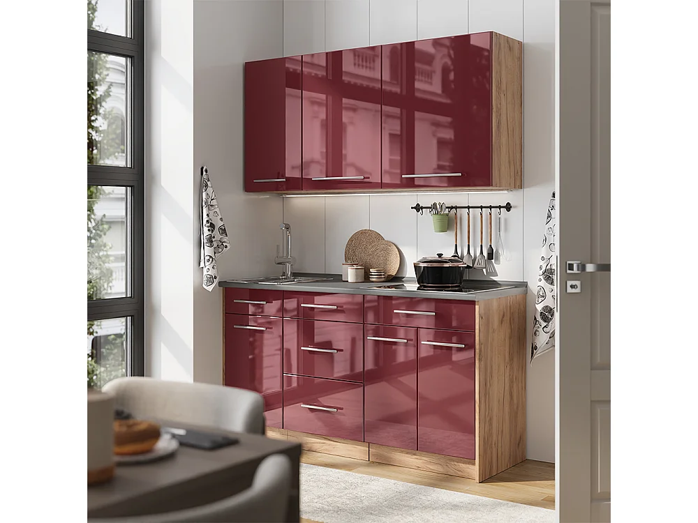 Cocina para solteros rojo burdeos alto brillo/roble dorado 150x60x82 fame-line