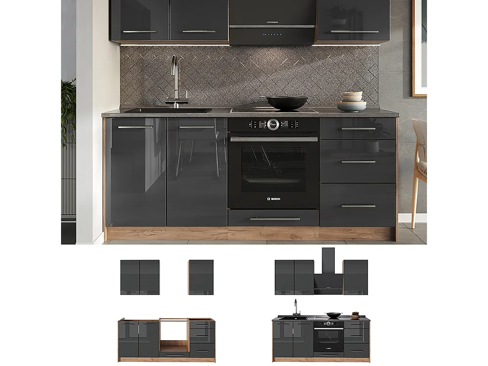Kuchnia pojedyncza antracyt połysk/dąb goldkraft 190x60x82 fame-line