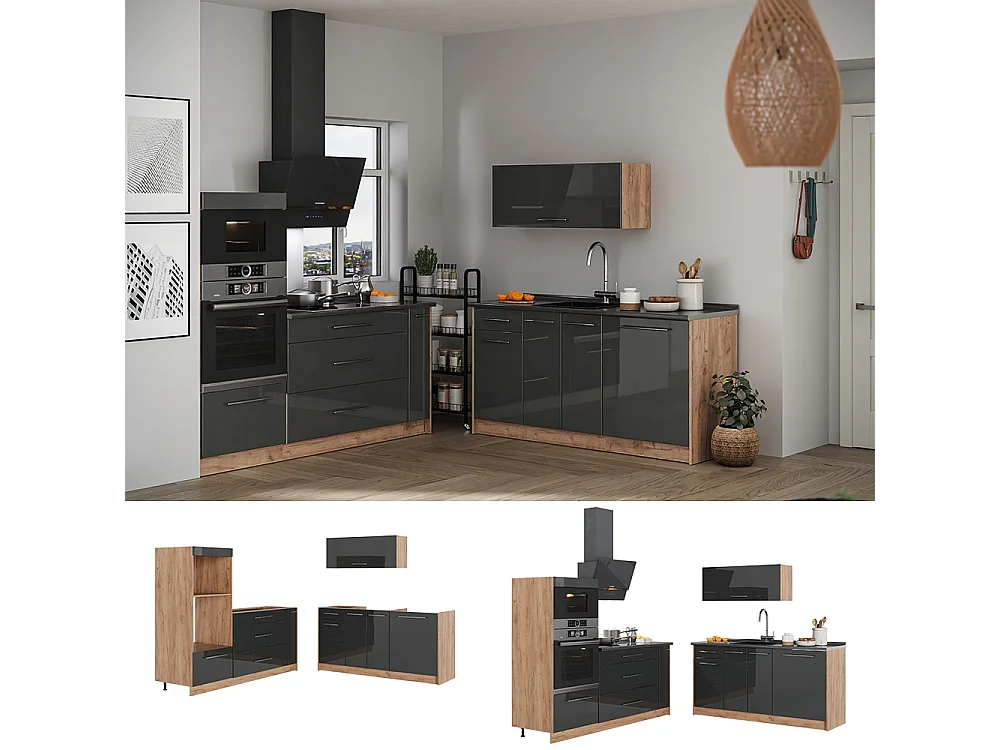 Kuchnia antracyt połysk/dąb goldkraft 340x60x153.6 fame-line
