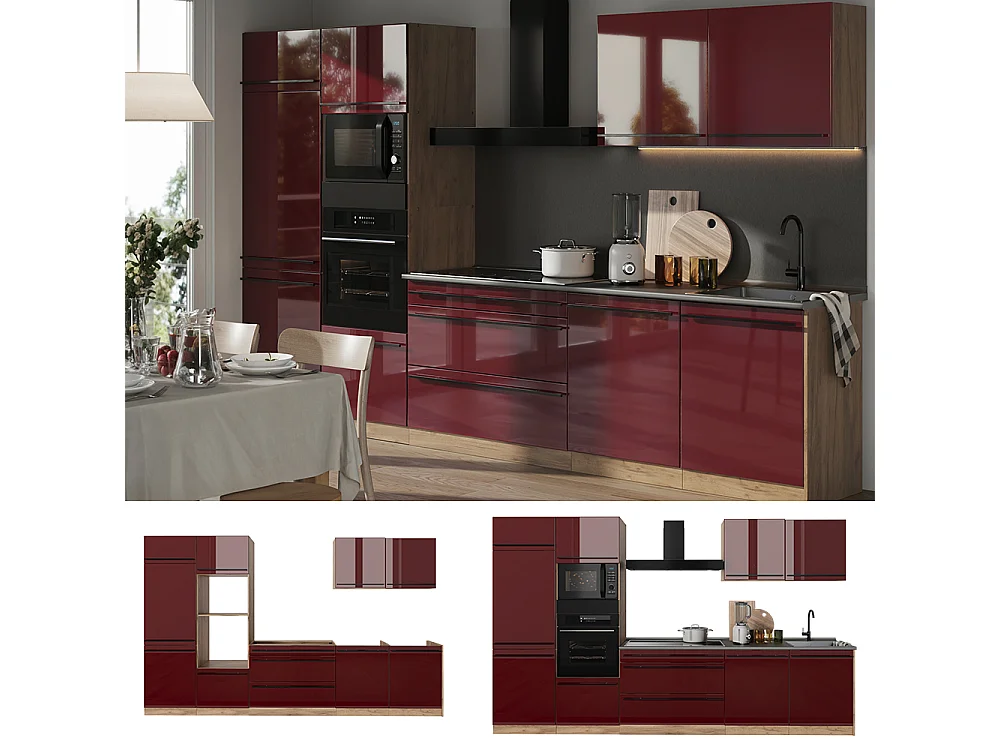Mueble de cocina rojo de alto brillo/roble dorado 340x60x206.8 r-line