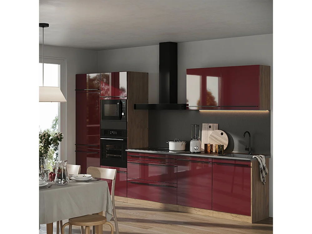 Mueble de cocina rojo de alto brillo/roble dorado 340x60x206.8 r-line