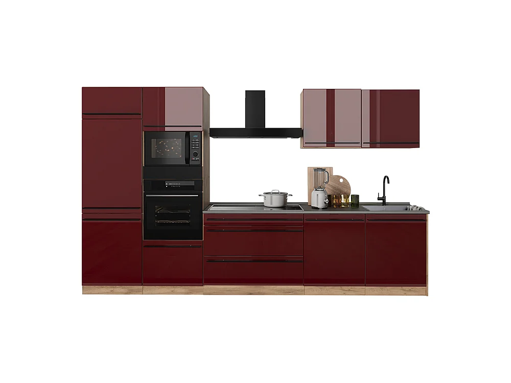 Mueble de cocina rojo de alto brillo/roble dorado 340x60x206.8 r-line