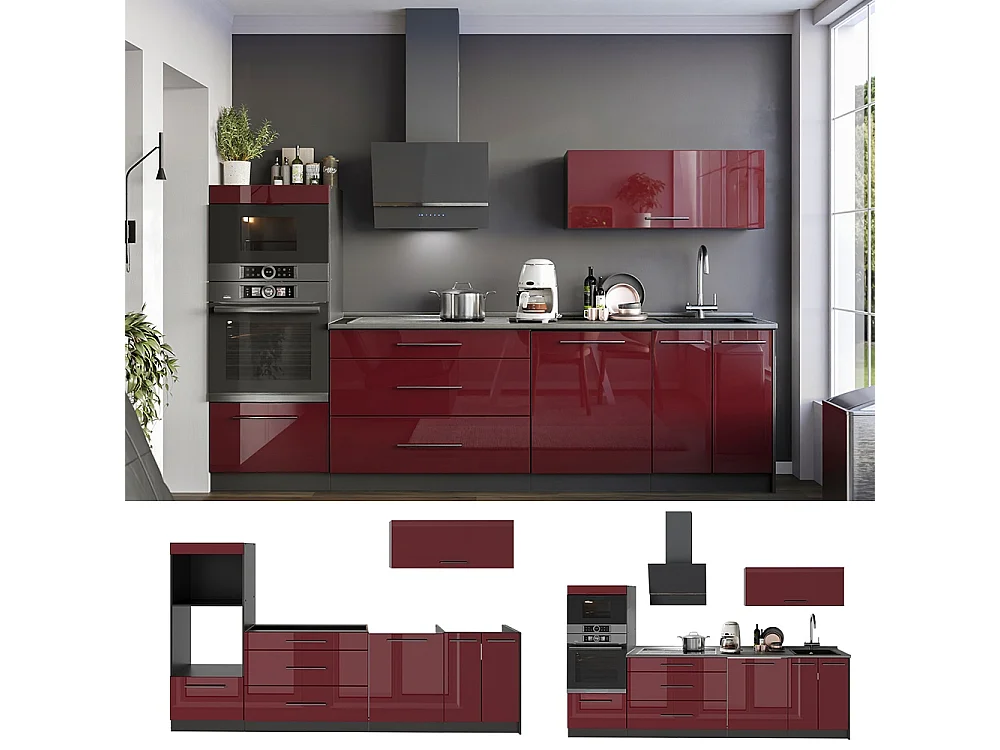 Cuisine rouge bordeaux haute brillance/anthracite 280x51.6x153.6 fame-line