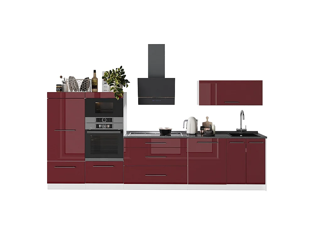 Mueble de cocina rojo burdeos alto brillo/blanco 340x60x153.6 fame-line