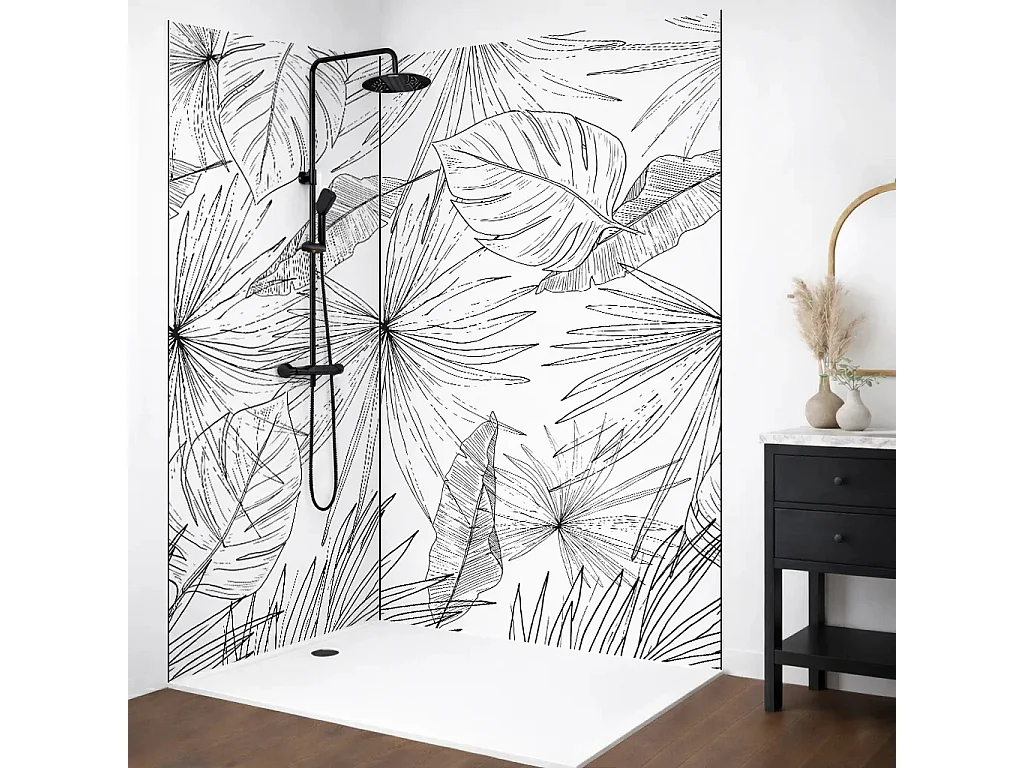 Pack aluminium : 2 panneaux muraux de douche + 1 crédence de salle de bain - Motif floral et végétal noir et blanc - Modèle Lamnar