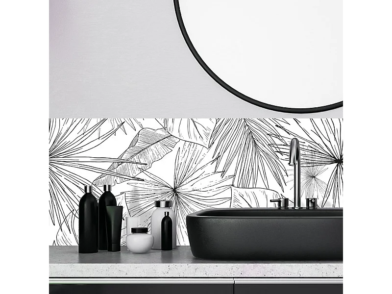 Pack aluminium : 2 panneaux muraux de douche + 1 crédence de salle de bain - Motif floral et végétal noir et blanc - Modèle Lamnar
